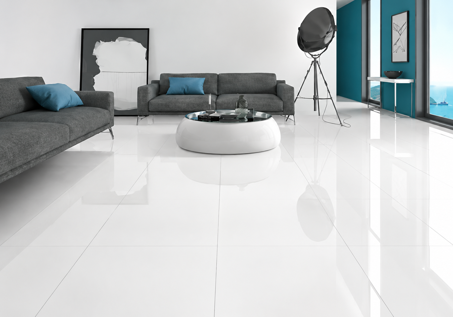 Modern interior with glossy white large-format tile flooring