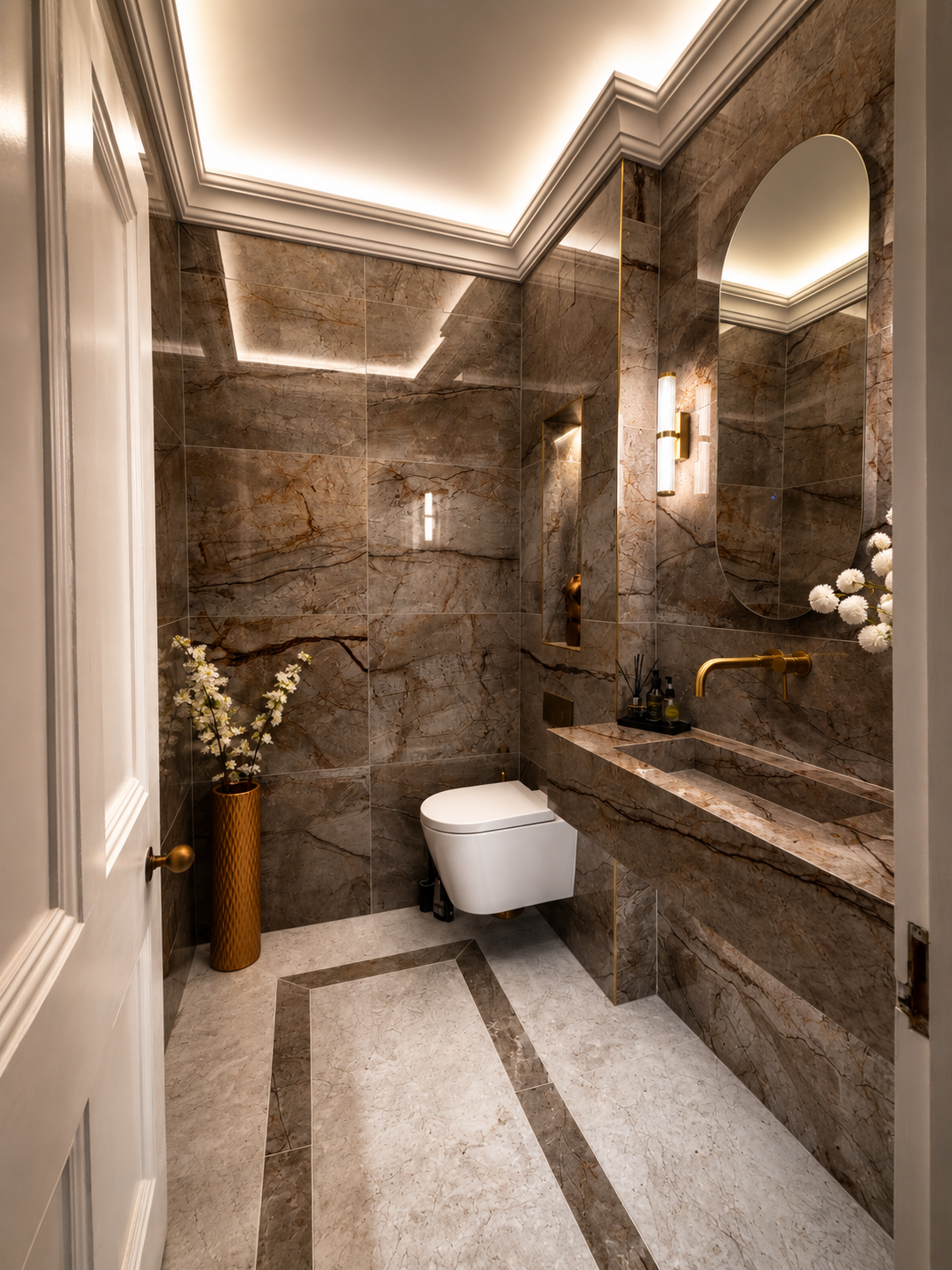 Luxury bathroom with dramatic stone-look wall and floor tile