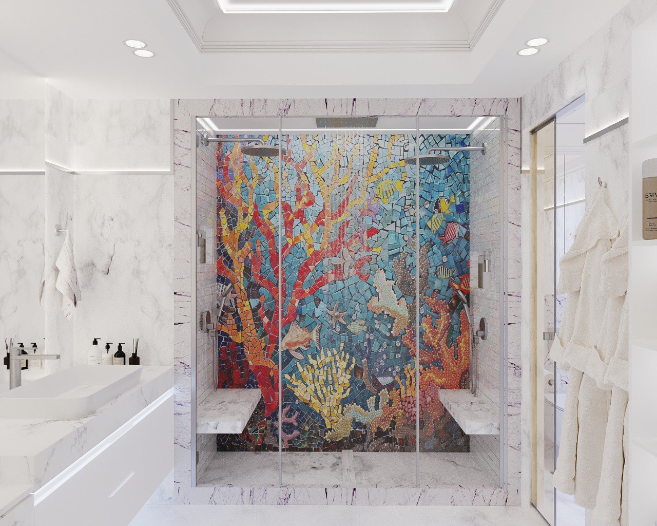 Bathroom with custom coral mosaic shower wall