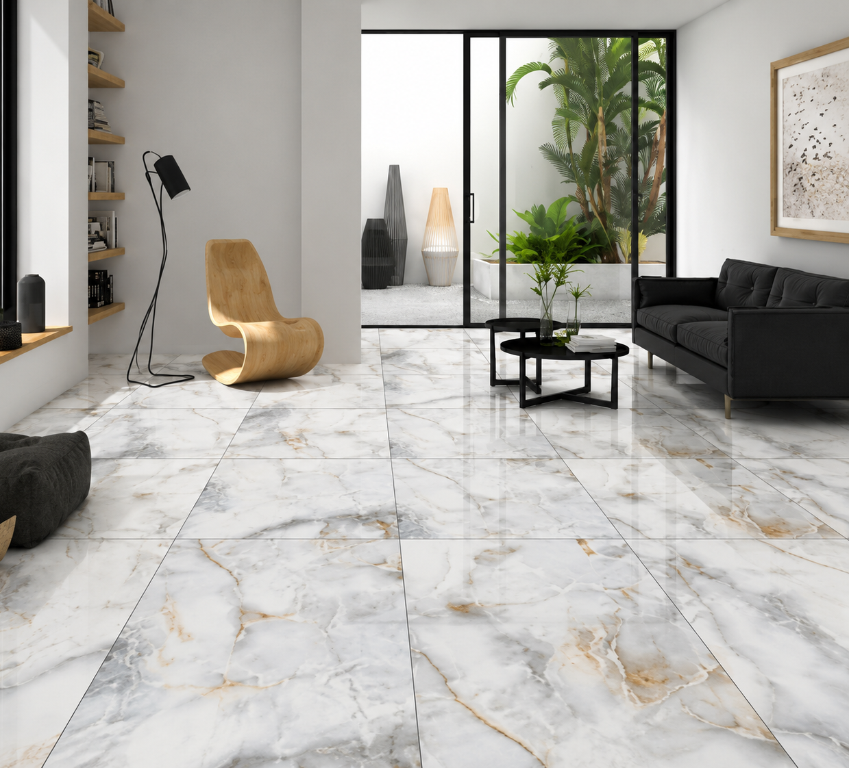 Bright living room with polished marble-look large-format floor tile